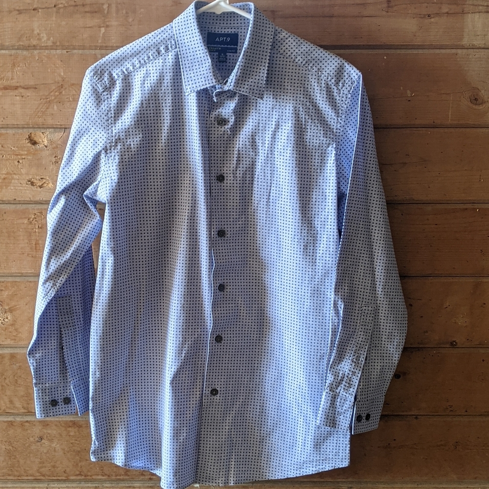 APT. 9 Premier Flex Slim Fit Spread Collar dress shirt light blue navy dot 16 32